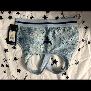 Blue Patterned women's underarmor sports bra.